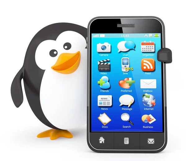 Penguen ile smartphone — Stok fotoğraf