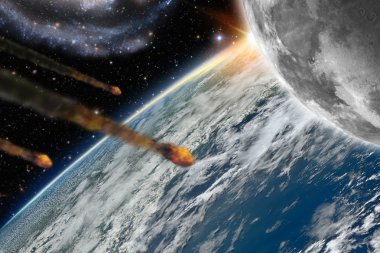 Asteroids flying over planet earth clipart