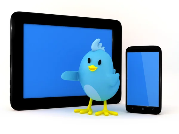 Little bird with smartphone and tablet — Stockfoto