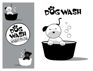 Logo tasarım öğesi. Köpek yıkama servisi. Sevimli köpek bir küvet içinde.
