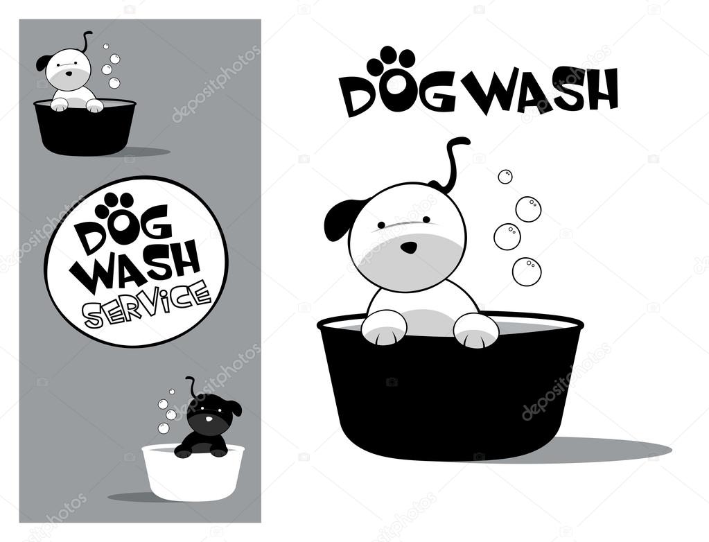 Logo design element. Dog Wash Service. Cute dog in a tub.