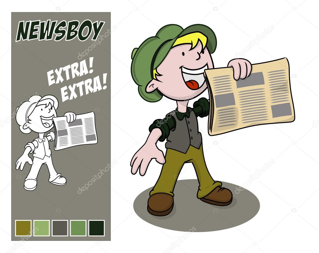 Newsboy holds out his paper for sale.