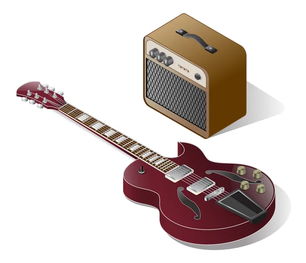 Isometric Electric Guitar With Vintage Combo Amplifier — Stock Vector