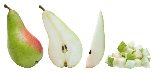 Whole pear, half, slice and diced over white — Stock Photo, Image