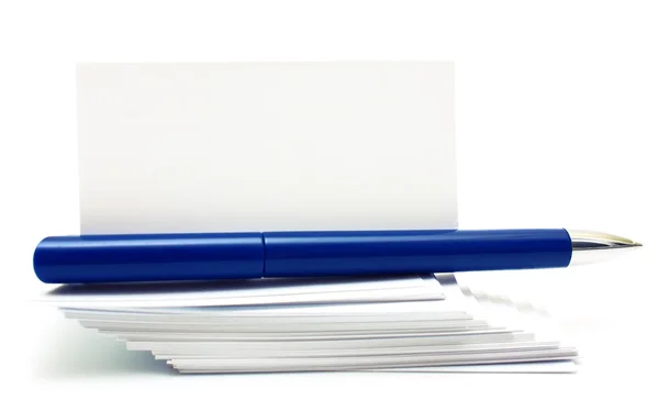 Stapel visitekaartjes blauwe pen — Stockfoto