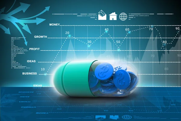 3D illustration av piller fylld med dollar mynt — Stockfoto