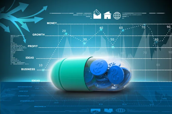 3d иллюстрация таблетки, наполненной долларовой монетой — стоковое фото