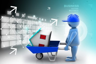 3D multi kullanmak inşaat işçisi bir el arabası ile