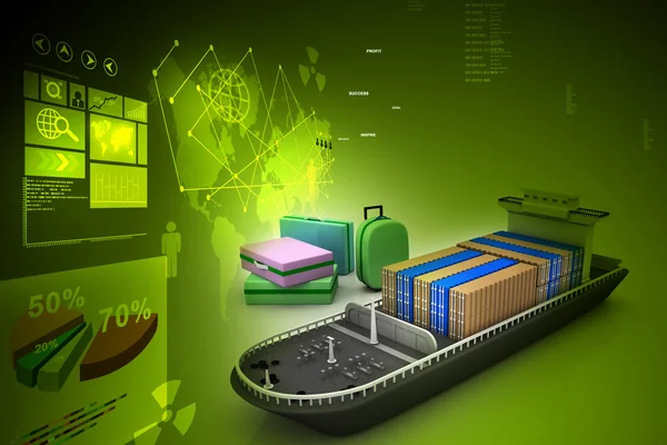 3D lastfartyg och resväskor med en jordglob — Stockfoto