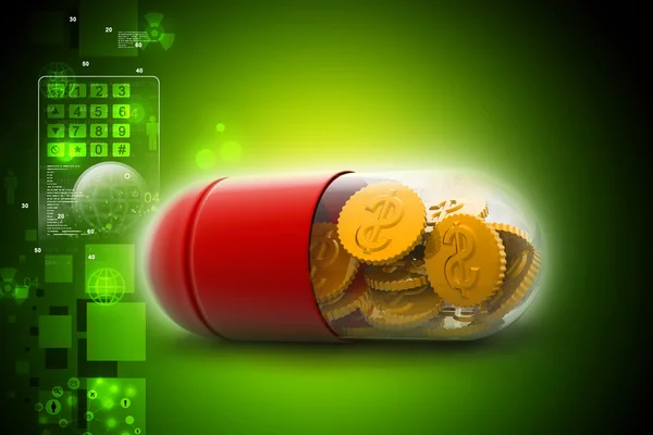 3d illustration of pill filled with dollar coin — Stock Photo, Image