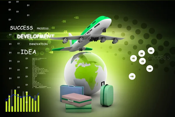 3D-Gepäck und Handtasche mit fliegendem Flugzeug — Stockfoto