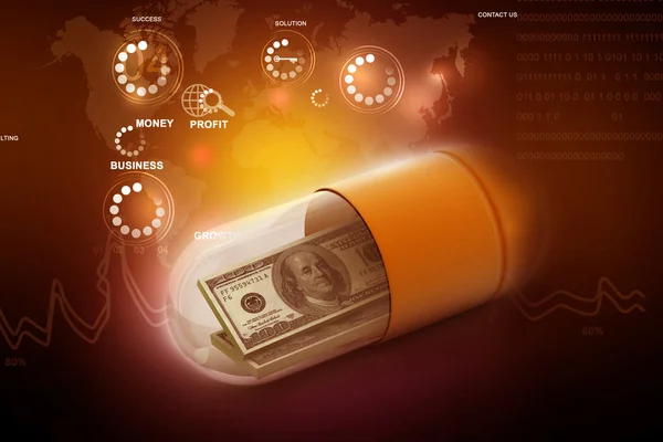 3d illustration of pill filled with dollar — Stock Photo, Image