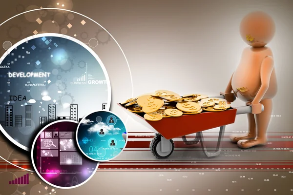 3D multi gebruik gouden munten in kruiwagen. zakelijke groei en winst — Stockfoto