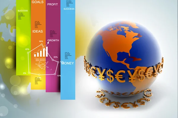 3D-Darstellung von Welt und Währung auf weißem Hintergrund — Stockfoto