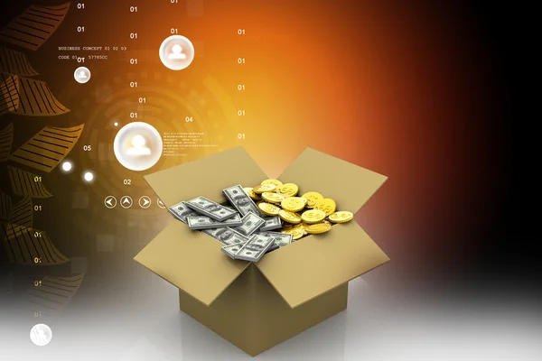 Open Cardboard box with money — Stock Photo, Image