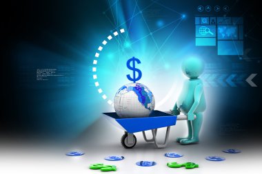 3D multi altın sikke ve toprak el arabası kullanın. ticari büyüme ve kar