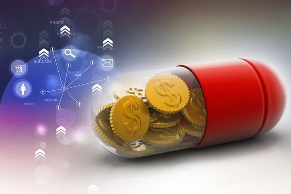 3d illustration of Red pill filled with dollar coin — Stock Photo, Image