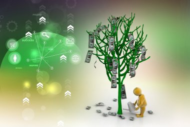 adam beyaz arka planda bir Doları ağaç sulama. kavramsal 3d modelleme