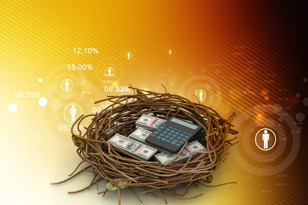 Dollar und Taschenrechner im Nest geschützt — Stockfoto
