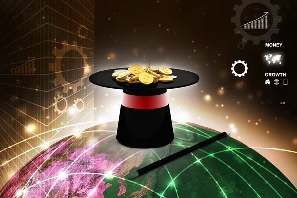 Digital illustration of magic hat and wand with dollar coins — Stock Photo, Image