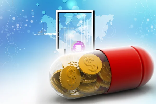 3d illustration of pill filled with dollar coin — Stock Photo, Image