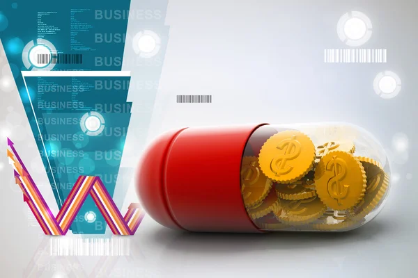 3d illustration of pill filled with dollar coin — Stock Photo, Image