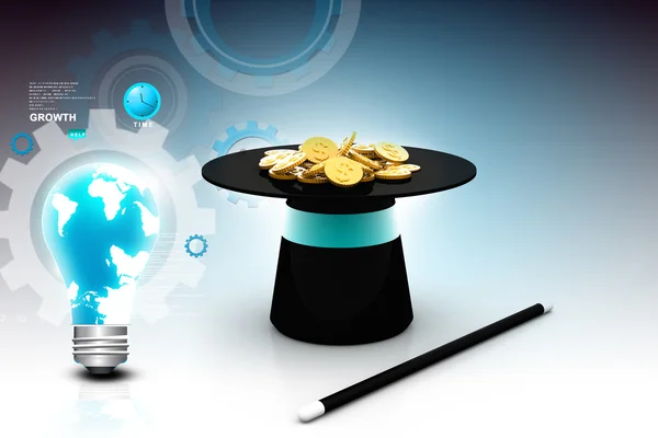 Digitale afbeelding van magische hoed en wand met dollar munten — Stockfoto