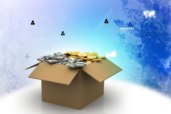 Open Cardboard box with money — Stock Photo, Image