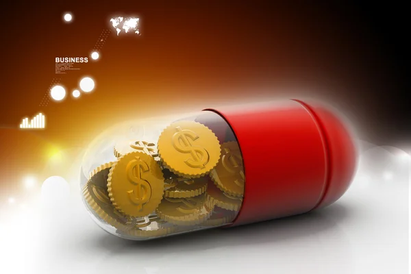 Illustration 3d de pilule remplie de pièce de dollar — Photo