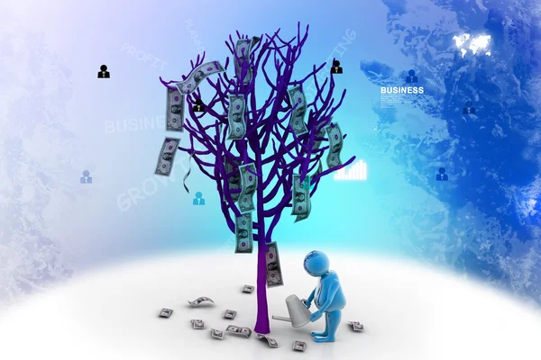 Homme arrosant un arbre d'un dollar en arrière-plan blanc. Modélisation 3D conceptuelle — Photo