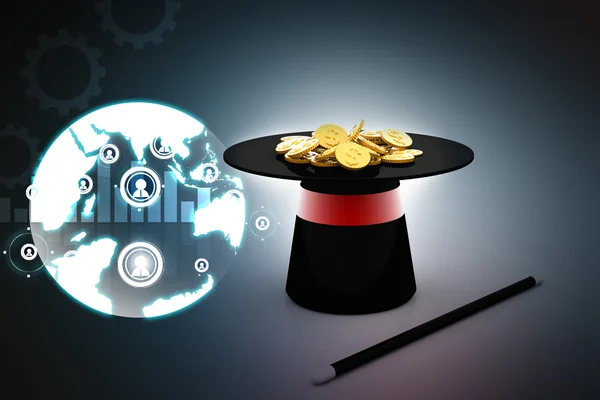 Ilustración digital de sombrero mágico y varita con monedas de dólar — Foto de Stock