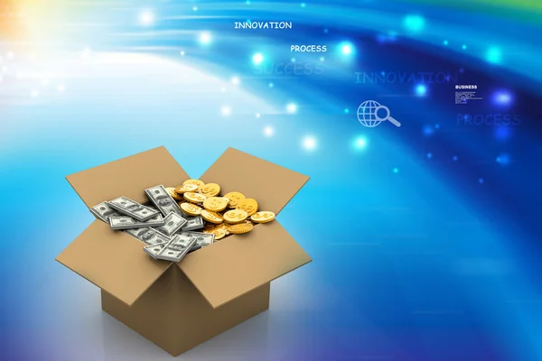 Open Cardboard box with money — Stock Photo, Image