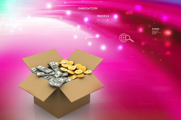 Open Cardboard box with money — Stock Photo, Image