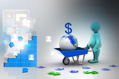 3D multi altın sikke ve toprak el arabası kullanın. ticari büyüme ve kar