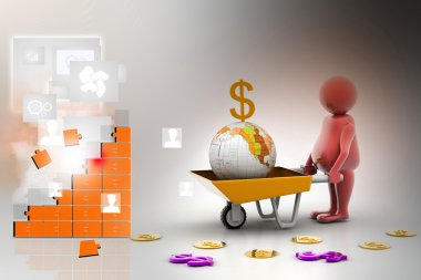 3D multi altın sikke ve toprak el arabası kullanın. ticari büyüme ve kar