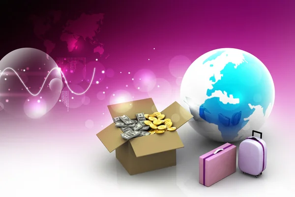 Open Cardboard box money with globe and suitcases — Stock Photo, Image