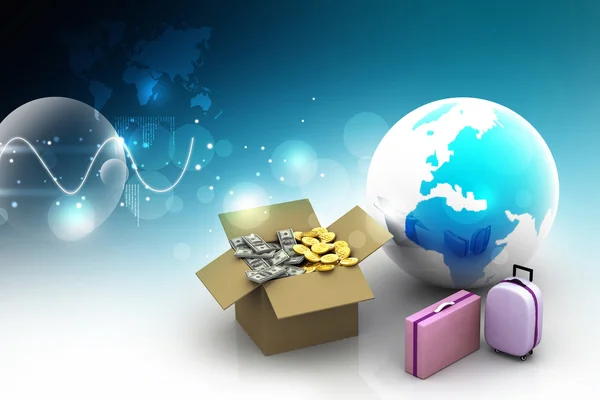 Open Cardboard box money with globe and suitcases — Stock Photo, Image