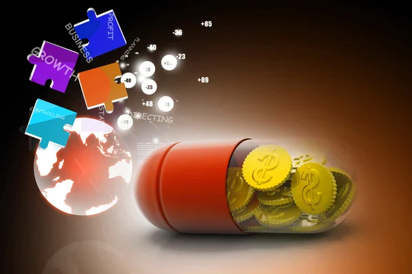 3d illustration of pill filled with dollar coin — Stock Photo, Image