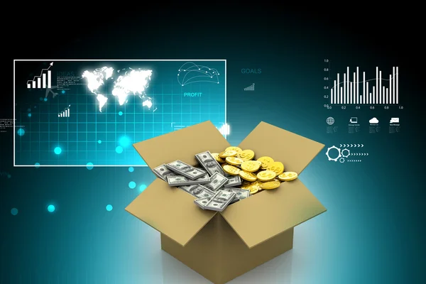 Open Cardboard box with money — Stock Photo, Image