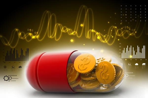 3d illustration of pill filled with dollar coin — Stock Photo, Image