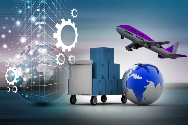 3D bagage och världen med flygande plan — Stockfoto