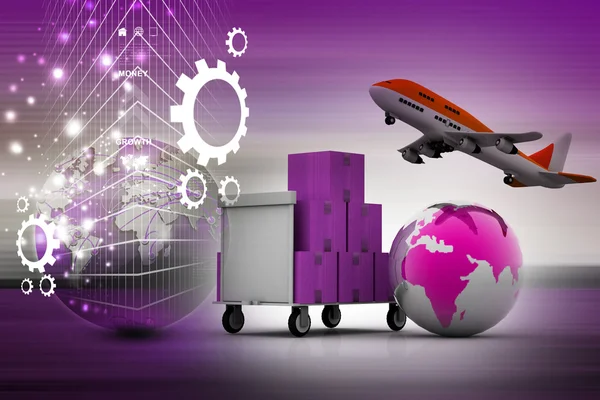 Bagages 3d et globe avec avion volant — Photo