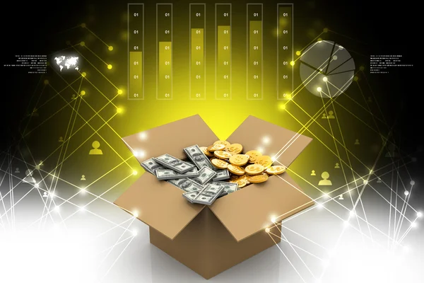 Open Cardboard box with money — Stock Photo, Image