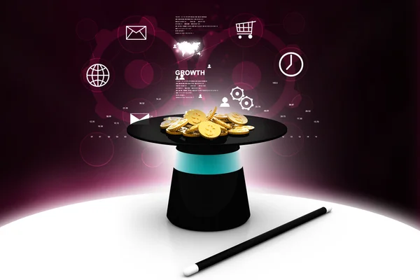 Digital illustration of magic hat and wand with dollar coins — Stock Photo, Image