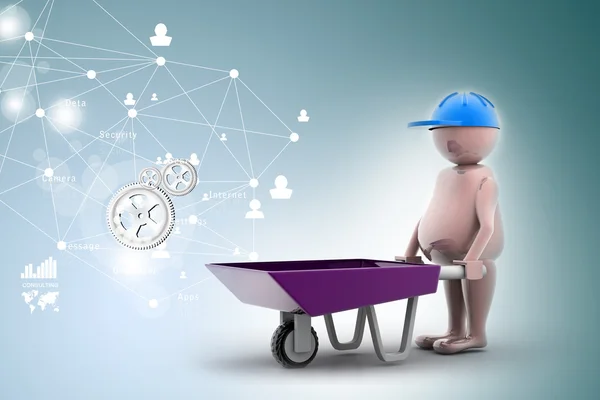 3D multi use construction worker with a wheelbarrow — Stock Photo, Image