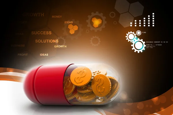 3d illustration of pill filled with dollar coin — Stock Photo, Image