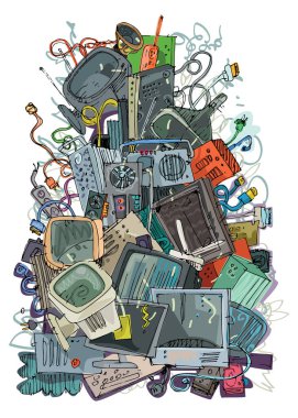 Büyük bir elektronik çöp yığını. Eski ve eskimiş bileşen ve donanım kirliliği ortamı. El yapımı eskiz. Karikatür.