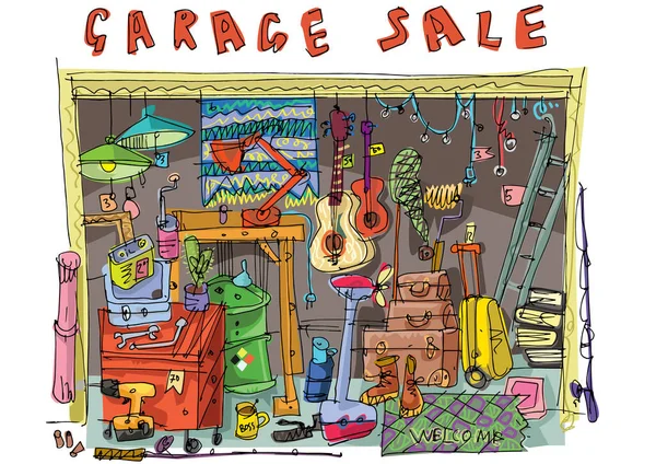 Vente Garage Image Dessinée Main Une Façade Garage Domestique Plein — Image vectorielle