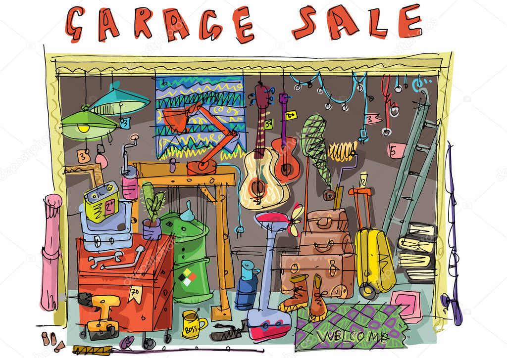 Garage sale. Hand drawn picture of a facade of domestic garage full of stuff for local sale. Hobby. Caricature. Sketch.