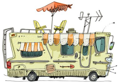 Farklı tesisleri ve uygun çatısı olan bir karavan çizimi. Karikatür el yapımı karikatür karikatürü. Çizgi film.